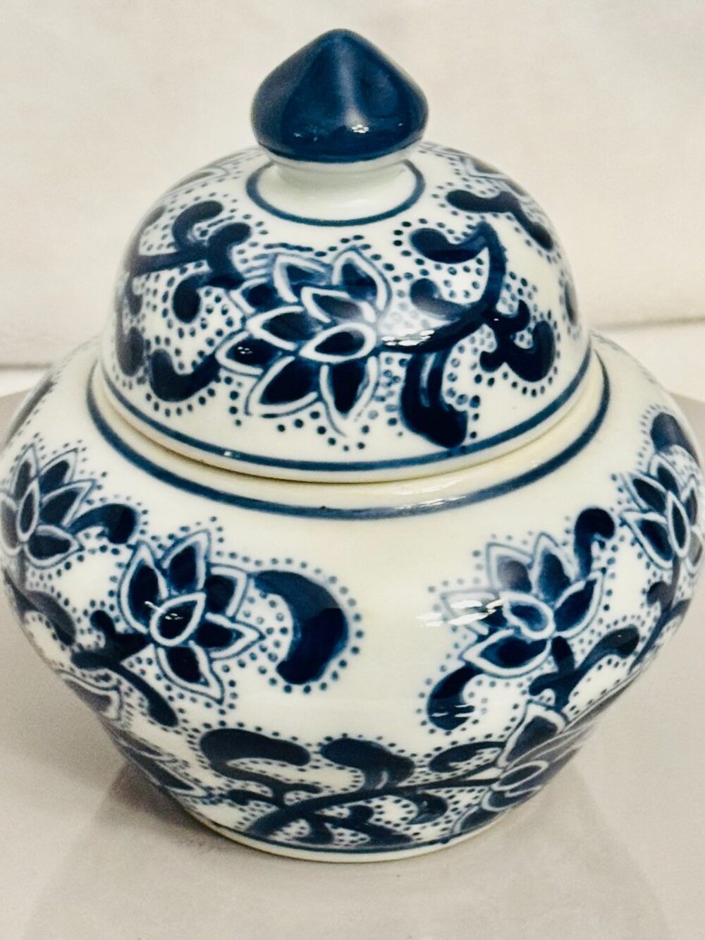 Vtg White Blue Hand Painted Flowers Ginger 5.5 Jar Candy Dish Lidded